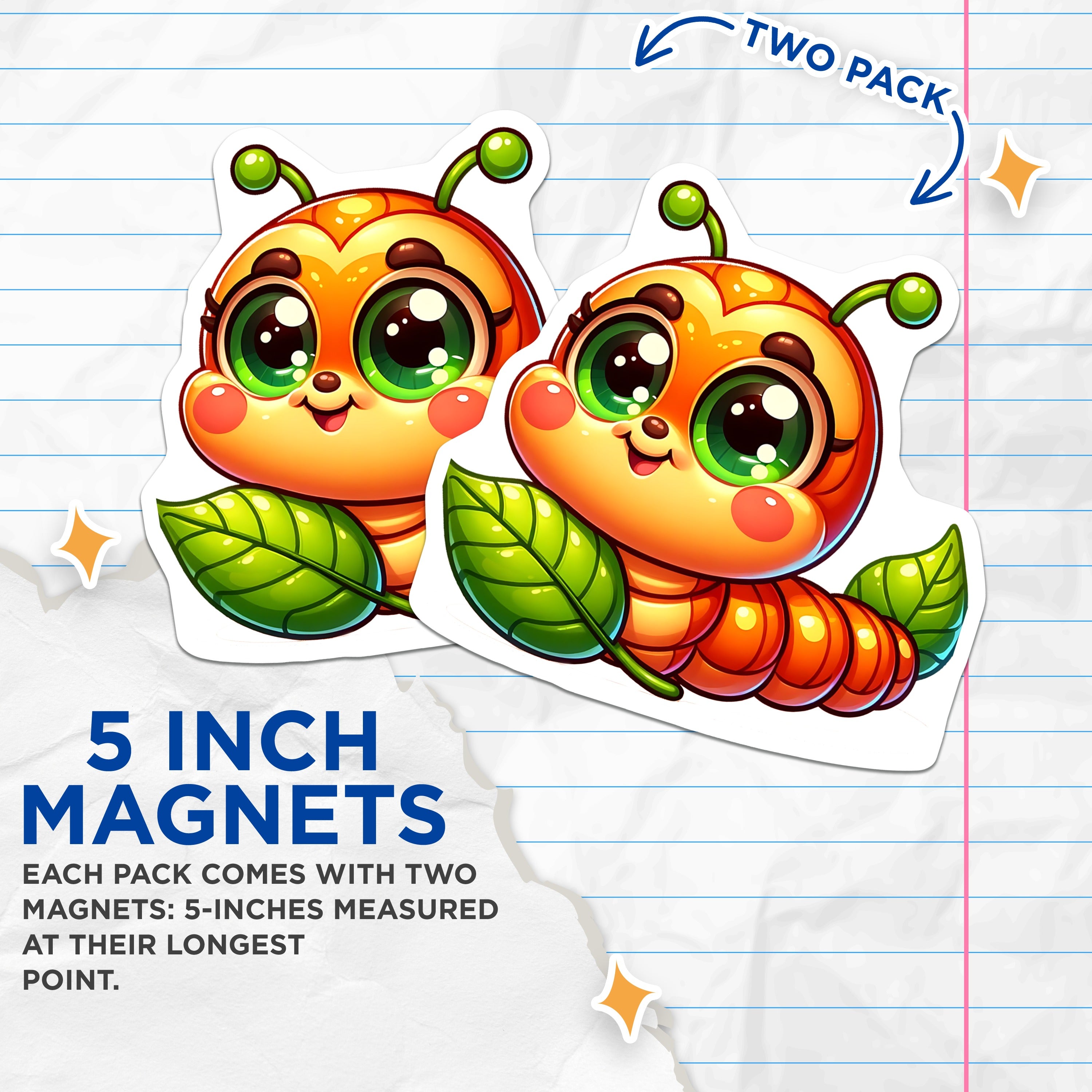 (2 Pack) Cute Caterpillar Magnets - Kawaii Insect Decor - Nursery Fridge Decor - Nature Lover Display - 5 Inches On Longest Side - Thick Durable Magnet - Made in USA - MAG36992
