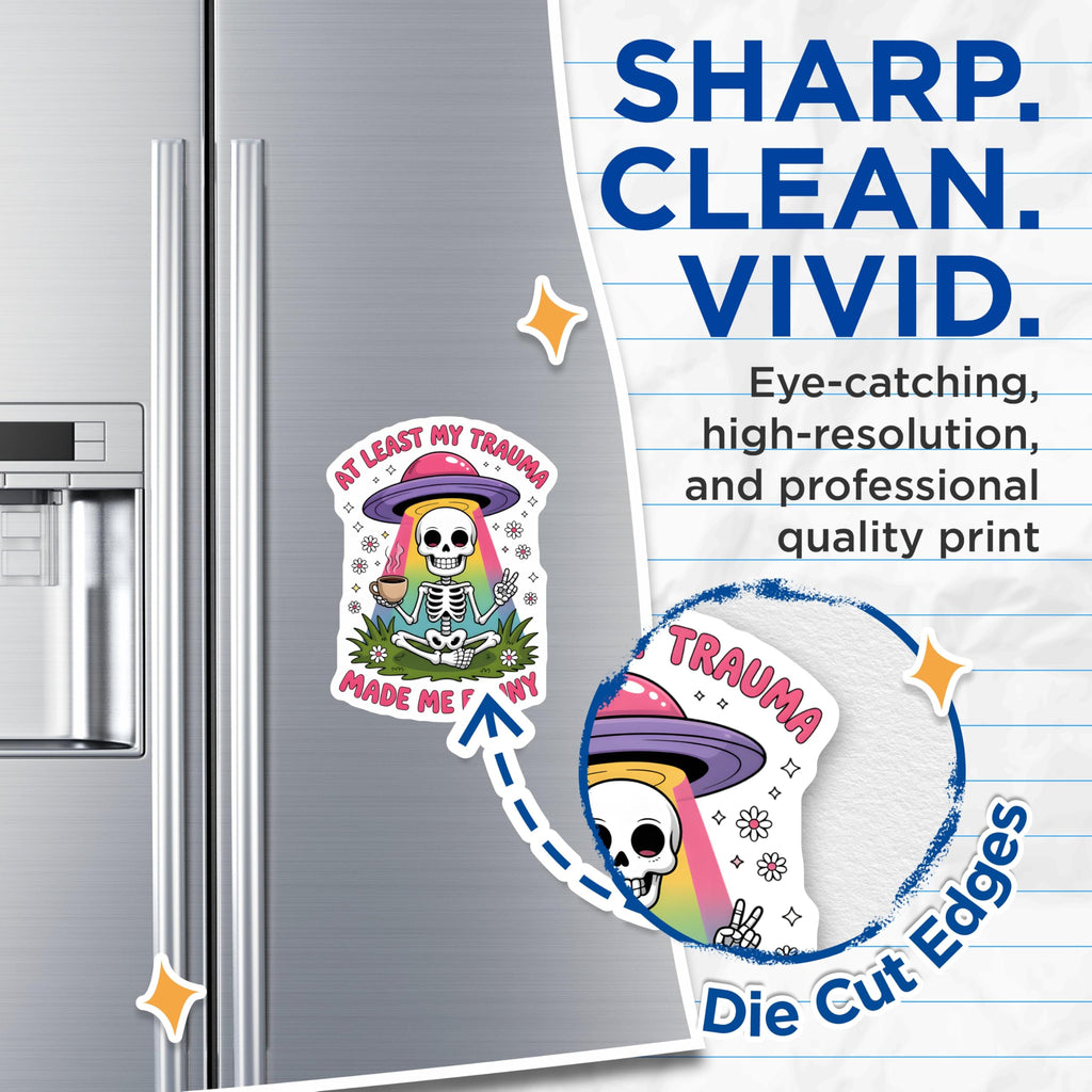 (2 Pack) Funny Skeleton Magnets - Trauma Made Me Funny Quote - UFO Alien Coffee Humor - Refrigerator Decor - 5 Inches On Longest Side - Thick Durable Magnet - Made in USA - MAG22909