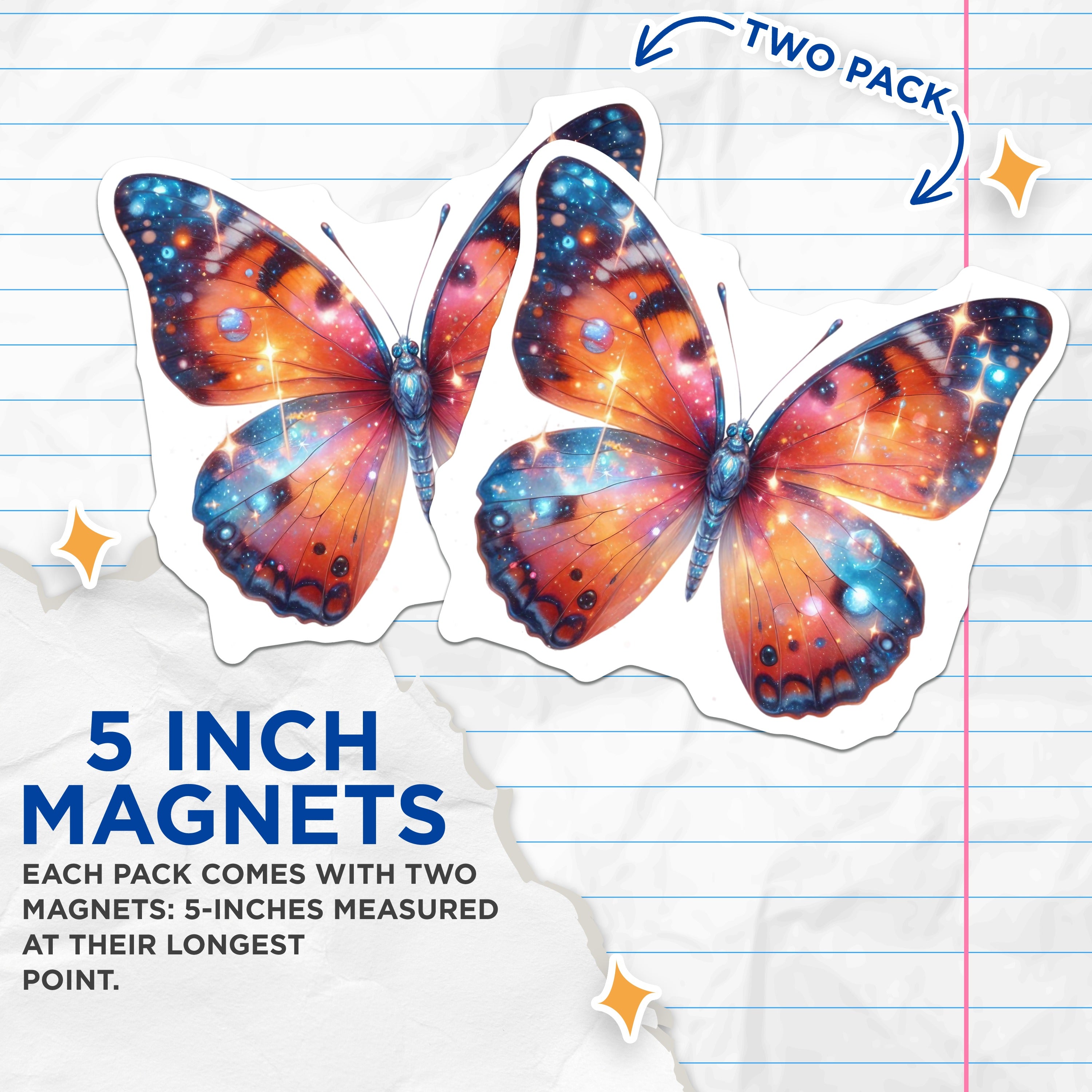 (2 Pack) Galaxy Butterfly Magnets - Cosmic Celestial Decor - Space Aesthetic Artwork - Whimsical Fridge Decor - 5 Inches On Longest Side - Thick Durable Magnet - Made in USA - MAG38828