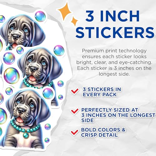 (3 Pack) Puppy Dog Decals - Cute Bubbles - Pet Lover Stickers - 3 Inches On Longest Side - Easy Peel & Apply - Made in USA - 3MCS8389