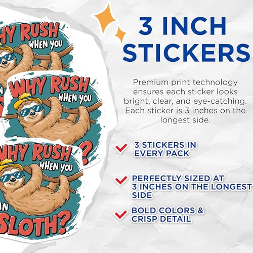 (3 Pack) Sloth Decals - Funny Animal - Laptop Decal - 3 Inches On Longest Side - Easy Peel & Apply - Made in USA - 3MCS0905