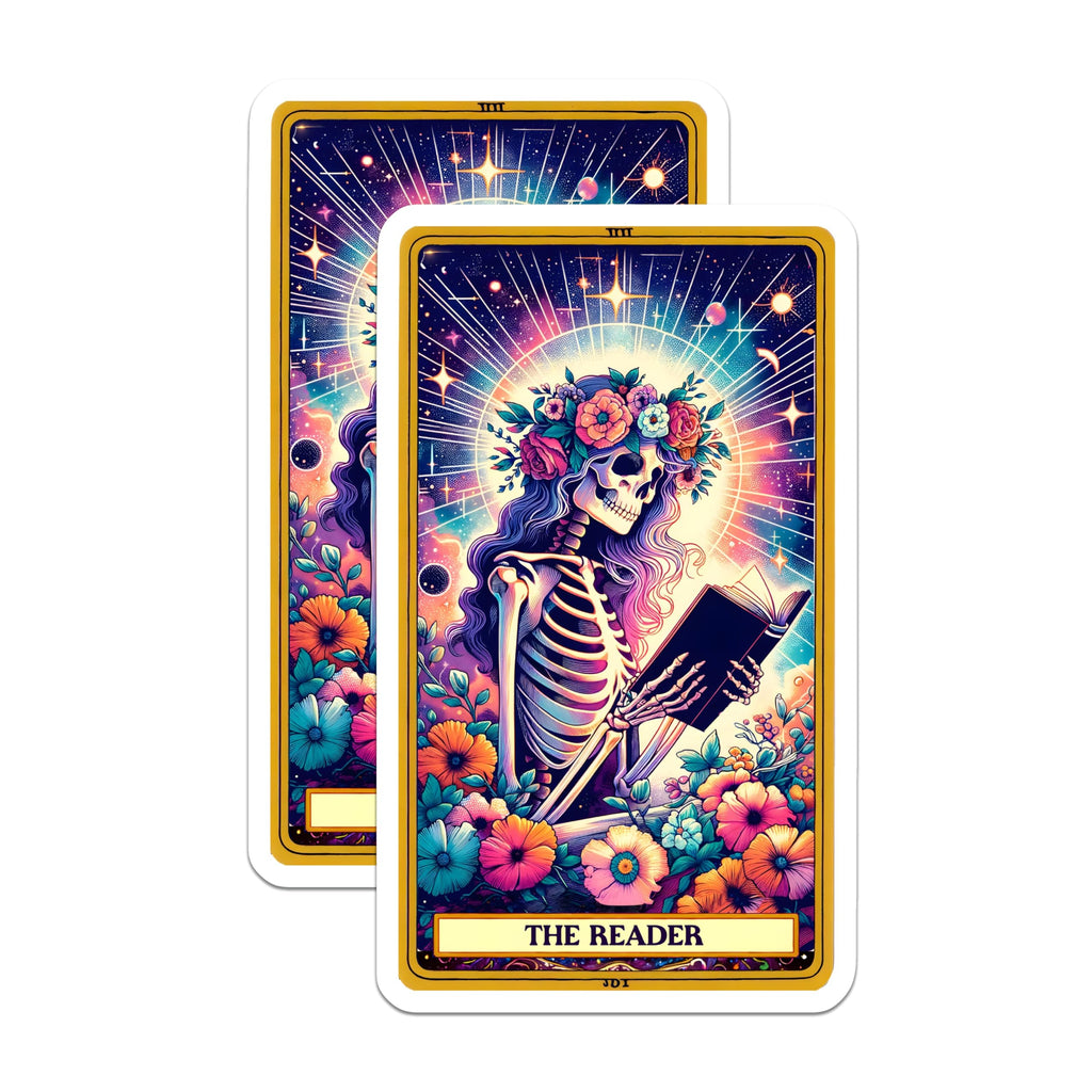 (2 Pack) The Reader Tarot Card Magnets - Skeleton Reading Book Art - Cosmic Floral Aesthetic Decor - 5 Inches On Longest Side - Thick Durable Magnet - Made in USA - MAG22250