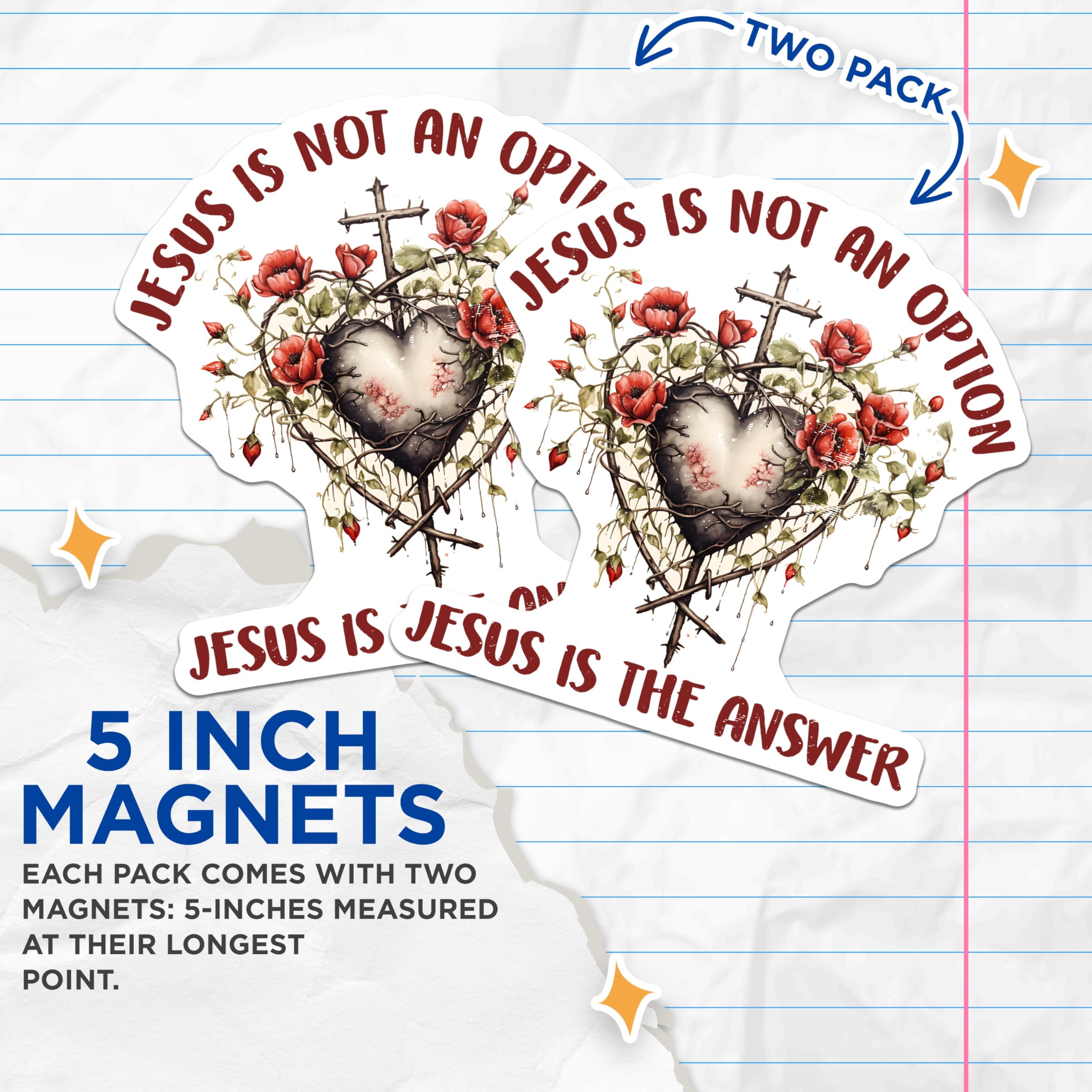 (2 Pack) Jesus is The Answer Magnets - Christian Faith Decor - Sacred Heart Cross Art - Inspirational Fridge Decor - 5 Inches On Longest Side - Thick Durable Magnet - Made in USA - MAG26210