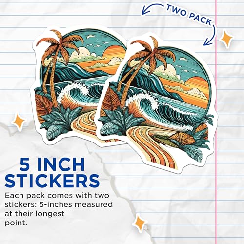 (2 Pack) Tropical Beach Sunset Stickers - Waves and Palms Decal - 5" On Longest Side - Sticks to Smooth Flat Surfaces - Made in USA - BMCS9251 - BMCS9251