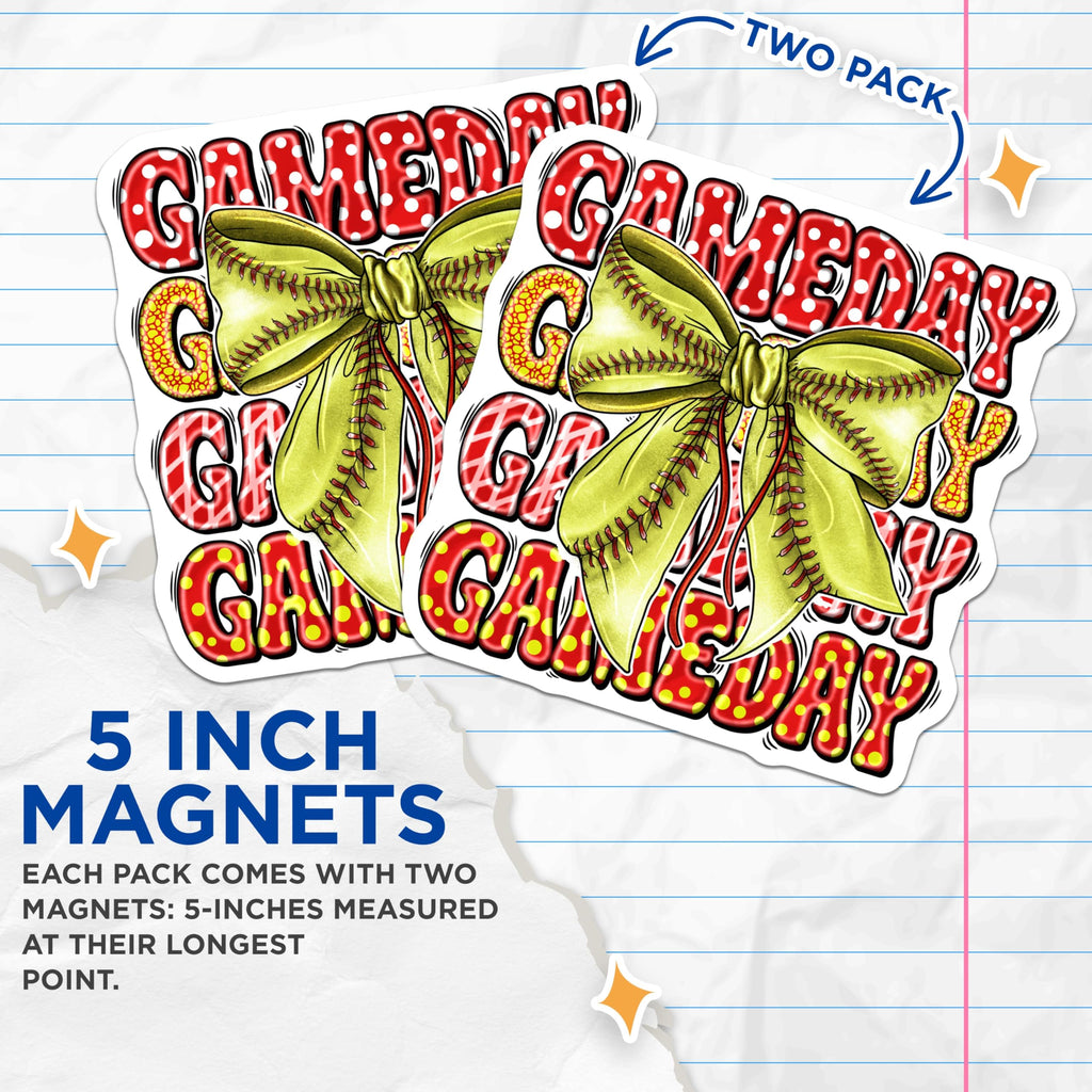 (2 Pack) Softball Gameday Magnets - Softball Mom Accessories - Team Sports Fan Decor Player Coach - 5 Inches On Longest Side - Thick Durable Magnet - Made in USA - MAG28861