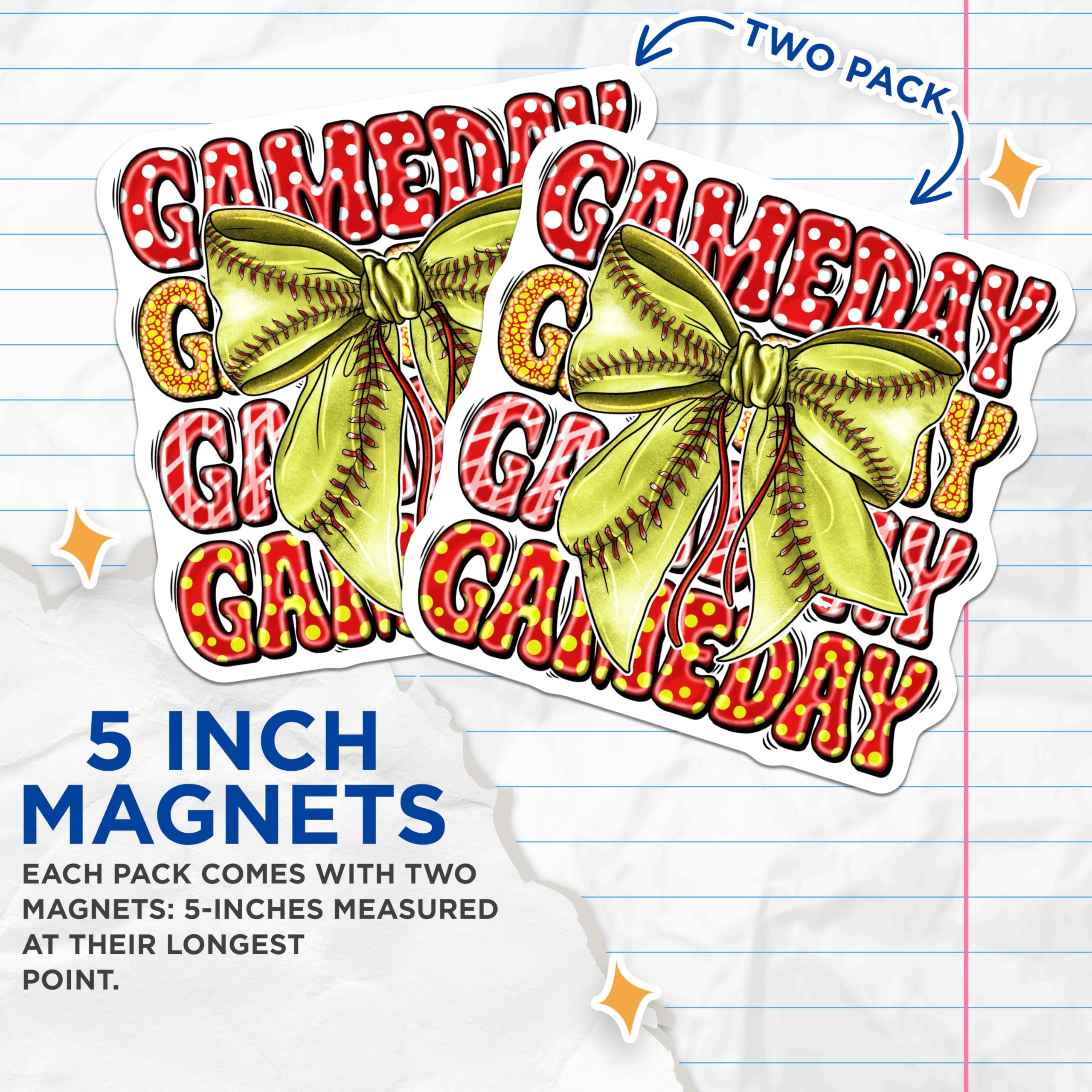 (2 Pack) Softball Gameday Magnets - Softball Mom Accessories - Team Sports Fan Decor Player Coach - 5 Inches On Longest Side - Thick Durable Magnet - Made in USA - MAG28861
