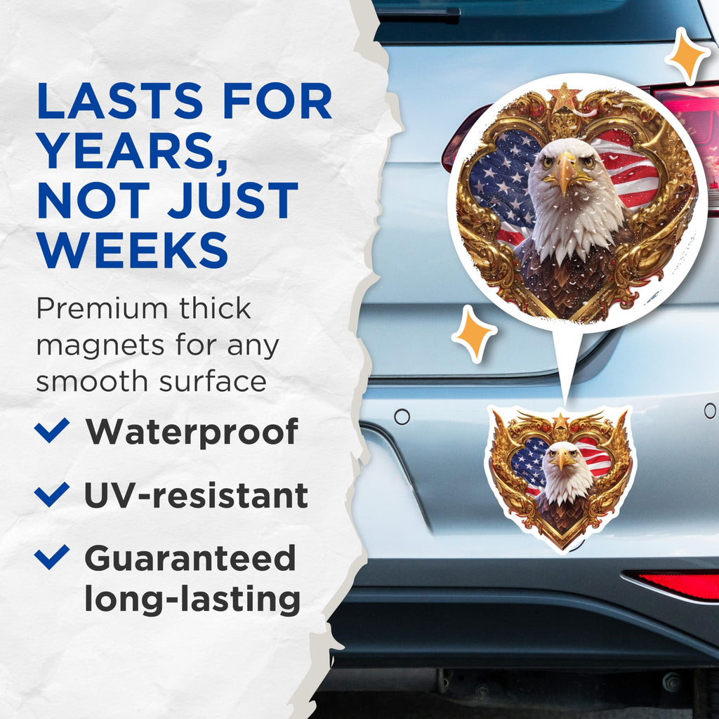 (2 Pack) Majestic Bald Eagle Magnets - Ornate American Flag Refrigerator Decor - Patriotic USA National Emblem Artwork - 5 Inches On Longest Side - Thick Durable Magnet - Made in USA - MAG20654