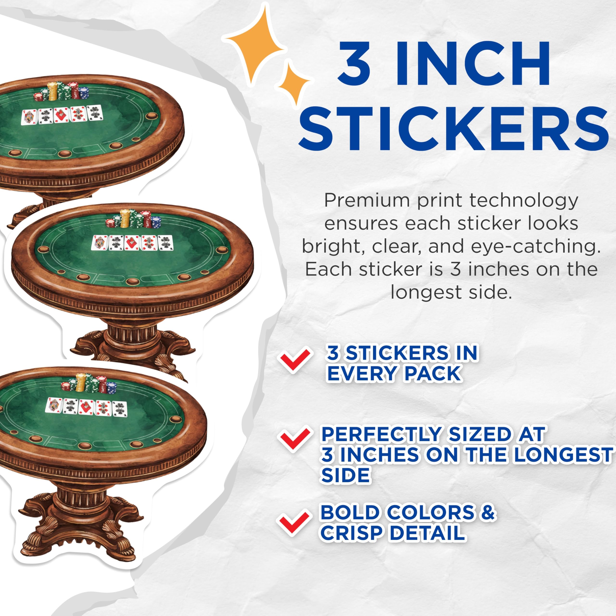 (3 Pack) Poker Table Decals - Casino Theme Stickers - Gambler Laptop Decal- 3 Inches On Longest Side - Easy Peel & Apply - Made in USA - 3MCS5419