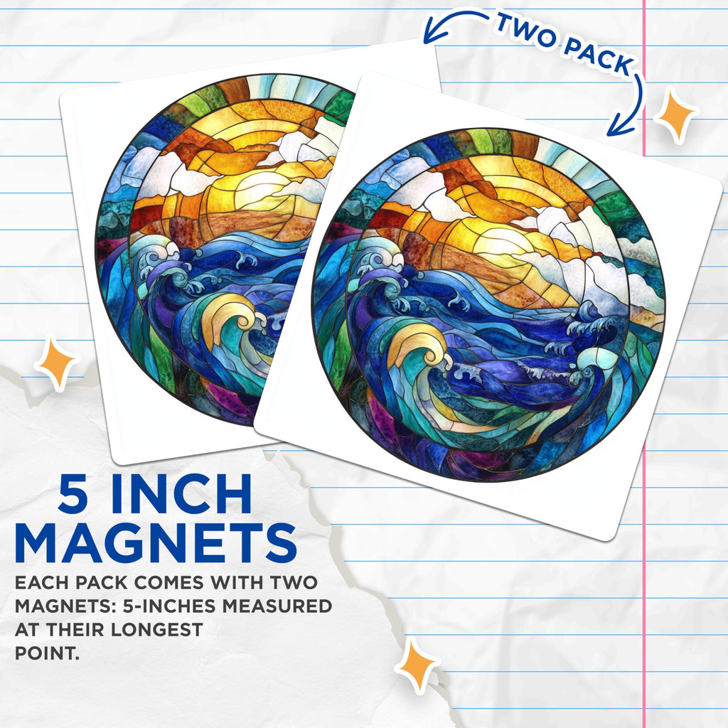 (2 Pack) Stained Glass Ocean Magnets - Ocean Wave Art - Coastal Beach House Decor - Sunrise Sunset Nature Design - 5 Inches On Longest Side - Thick Durable Magnet - Made in USA - MAG30855