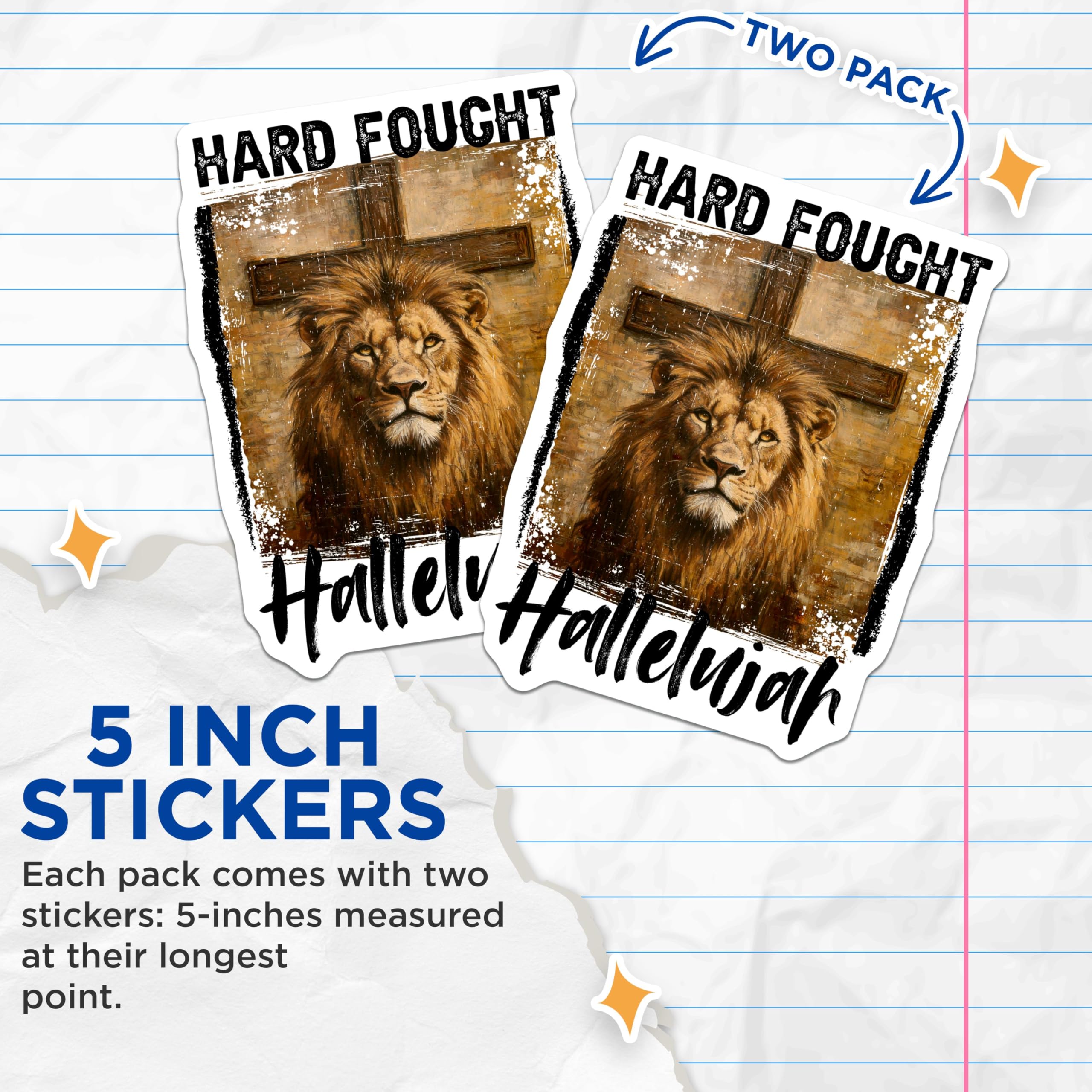 (2 Pack) Lion with Cross Stickers - Hard Fought Hallelujah - Inspirational Christian Art - Religious Lion Stickers - 5" On Longest Side - Sticks to Smooth Flat Surfaces - Made in USA - BMCS9958