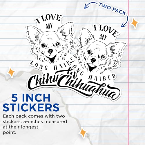 (2 Pack) I Love My Long Haired Chihuahua Stickers - Cute Dog Breed Stickers - Pet Lover Stickers for Chihuahua Owners - 5" On Longest Side - Sticks to Any Smooth Flat Surface - Made in USA - BMCS2973