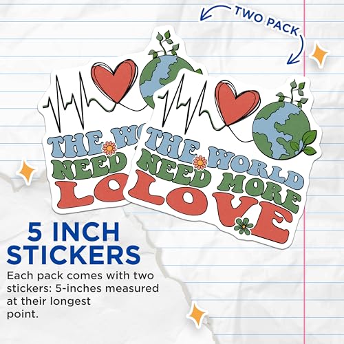 (2 Pack) The World Need More Love Stickers - Heartbeat Earth Decal - Environmental Message Art - 5" On Longest Side - Sticks to Smooth Flat Surfaces - Made in USA - BMCS8956