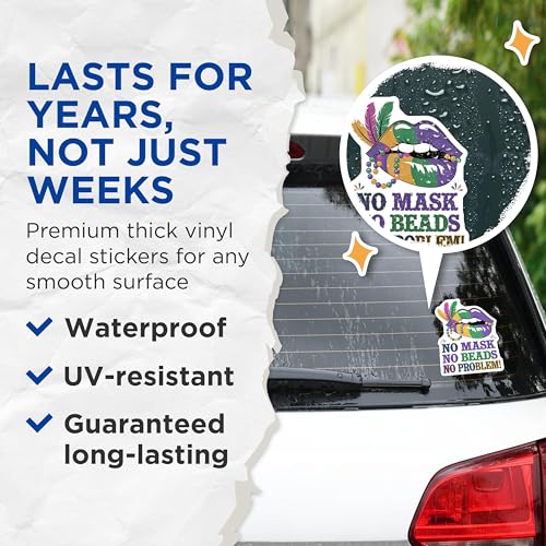 (2 Pack) No Mask No Beads No Problem Stickers - Colorful Lip Graphics - Celebration Stickers for Mardi Gras - 5" On Longest Side - Sticks to Smooth Flat Surfaces - Made in USA - BMCS3632