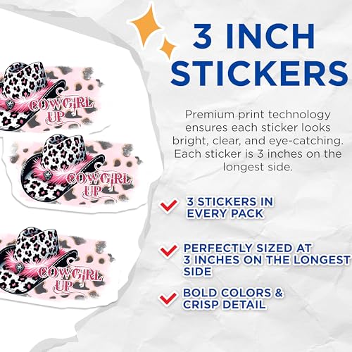 (3 Pack) Cowgirl Up Decals - Leopard Print Cowboy Hat - Western Laptop Decals - 3 Inches On Longest Side - Easy Peel & Apply - Made in USA - 3MCS1927