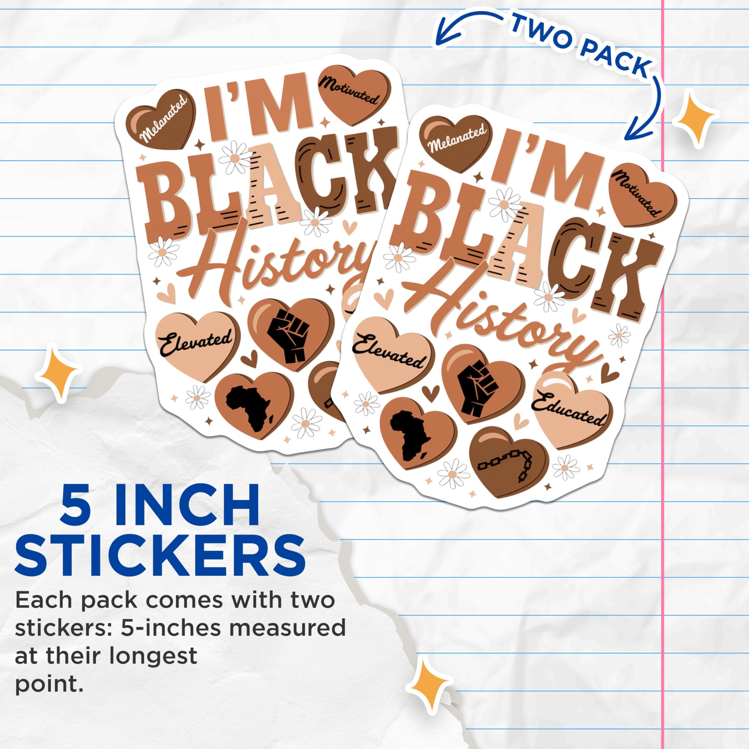 (2 Pack) I'm Black History Stickers - Melanated Motivated Elevated Educated Stickers - Black Pride Stickers - 5" On Longest Side - Sticks to Smooth Flat Surfaces - Made in USA - BMCS3878