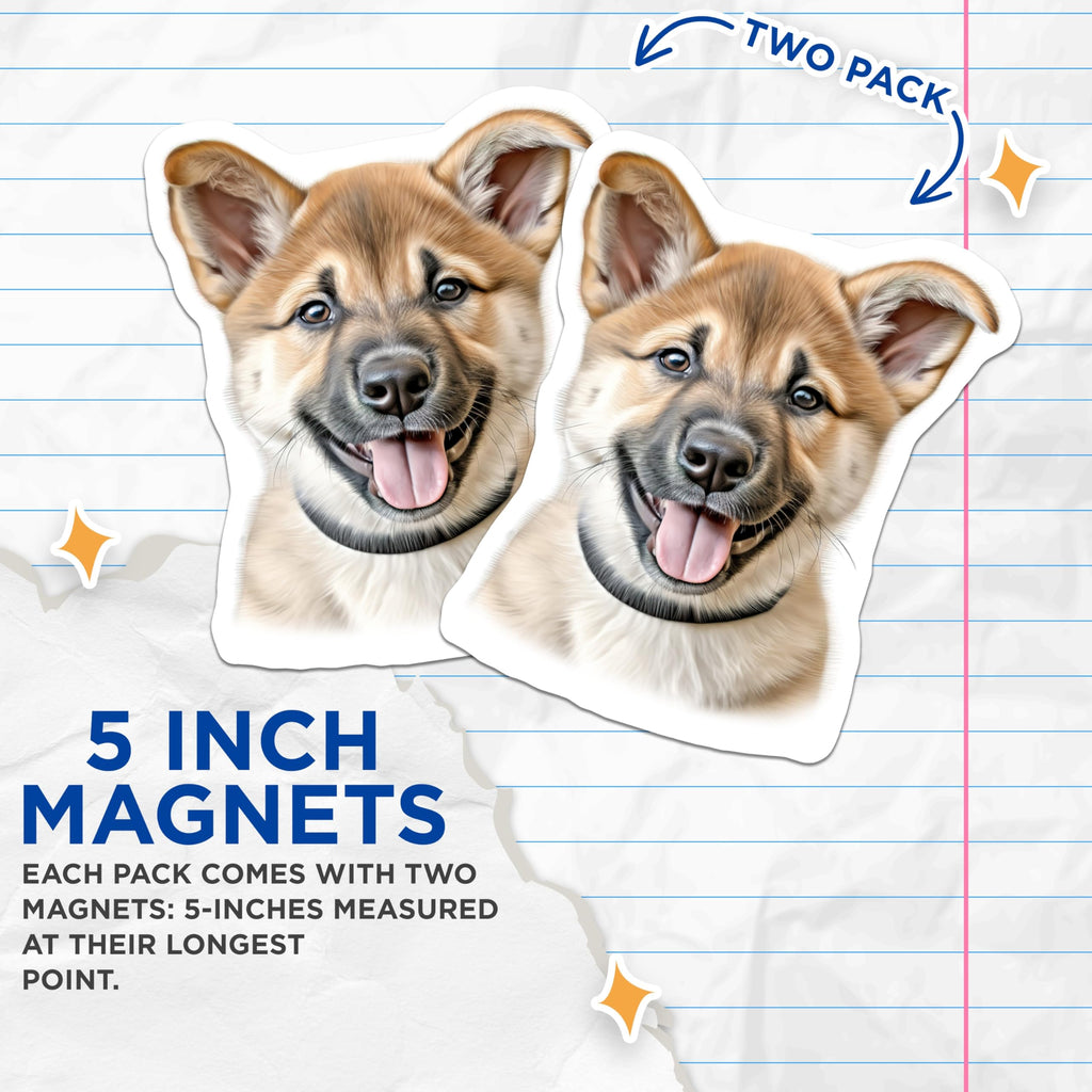 (2 Pack) Cute Puppy Face Magnets - Happy Dog Lover Refrigerator Decor - Pet Owner Kitchen Accent - 5 Inches On Longest Side - Thick Durable Magnet - Made in USA - MAG27133