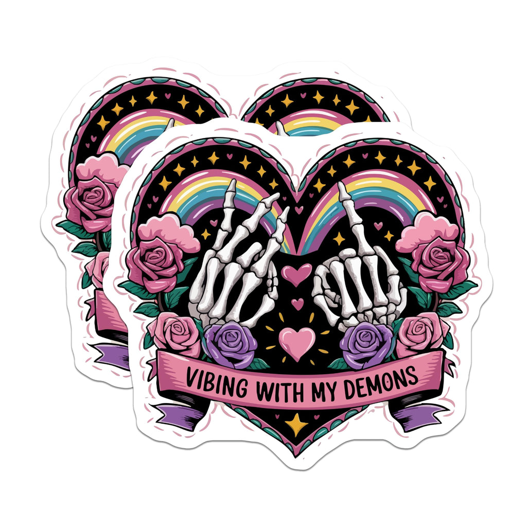 (2 Pack) Skeleton Hands Magnets - Vibing with My Demons Quote - Gothic Rainbow Emo Alternative Refrigerator Decor - 5 Inches On Longest Side - Thick Durable Magnet - Made in USA - MAG20997