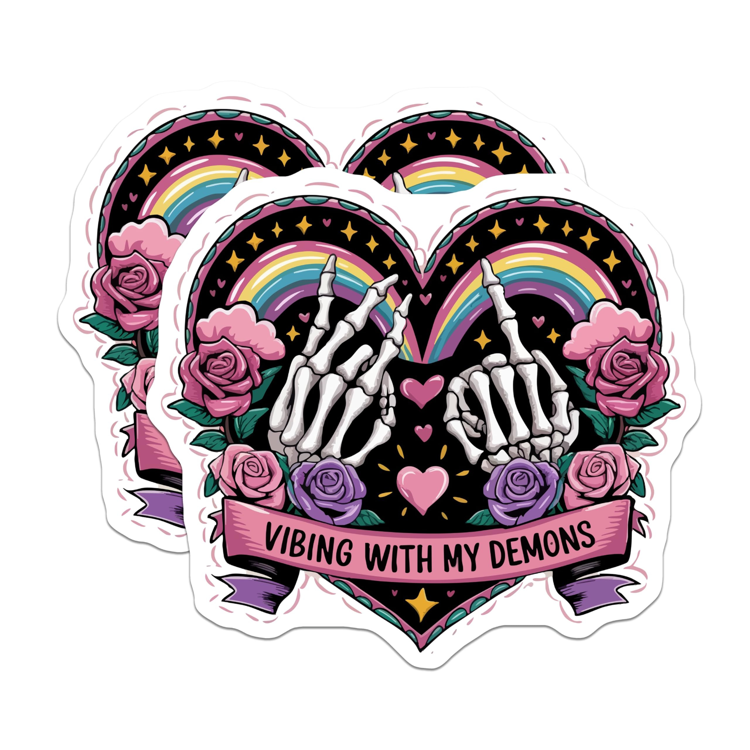 (2 Pack) Skeleton Hands Magnets - Vibing with My Demons Quote - Gothic Rainbow Emo Alternative Refrigerator Decor - 5 Inches On Longest Side - Thick Durable Magnet - Made in USA - MAG20997