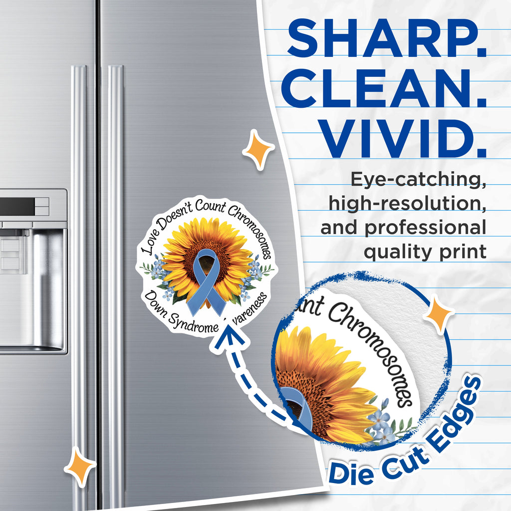 (2 Pack) Down Syndrome Awareness Magnets - Love Doesn't Count Chromosomes - Sunflower Blue Ribbon Support - 5 Inches On Longest Side - Thick Durable Magnet - Made in USA - MAG38472