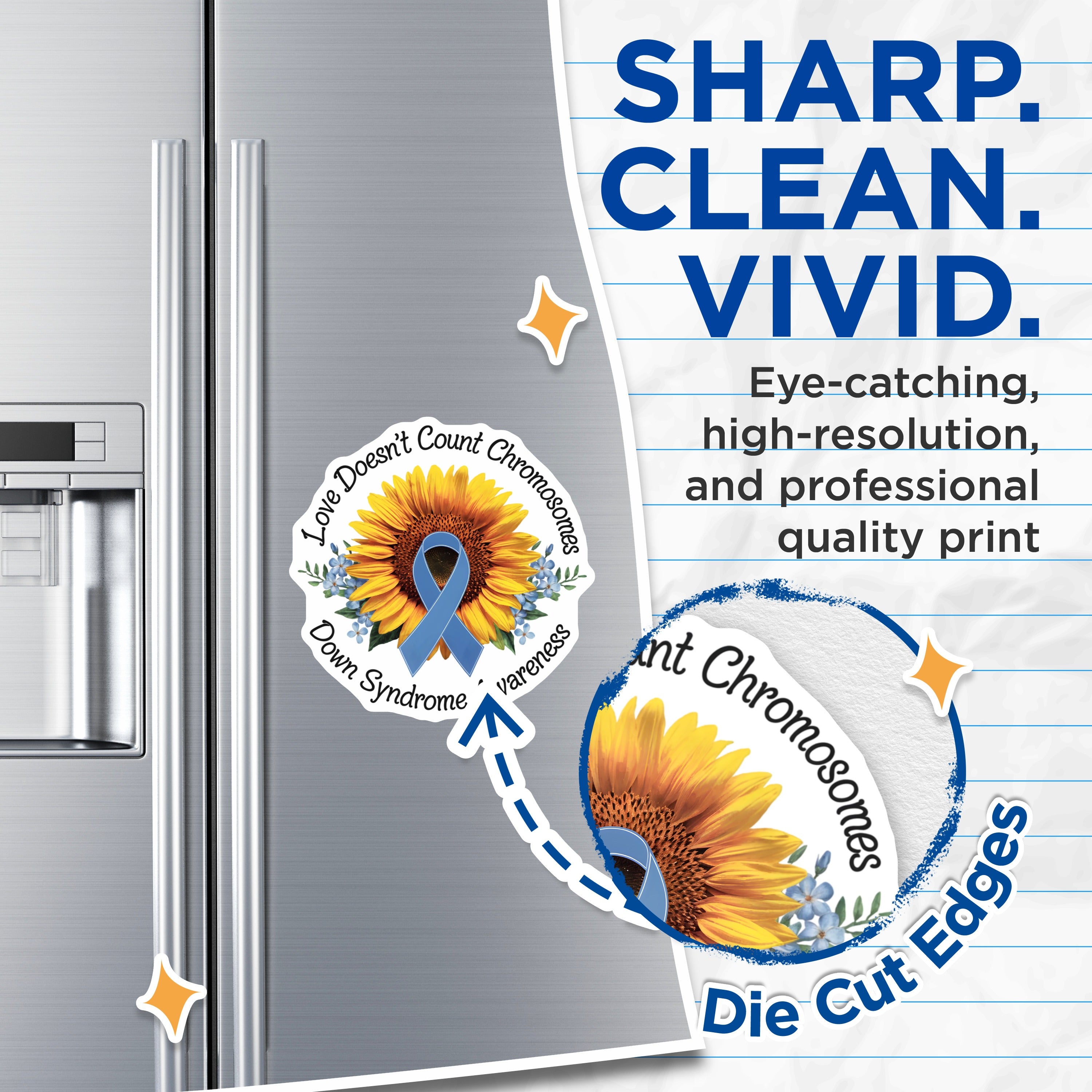 (2 Pack) Down Syndrome Awareness Magnets - Love Doesn't Count Chromosomes - Sunflower Blue Ribbon Support - 5 Inches On Longest Side - Thick Durable Magnet - Made in USA - MAG38472