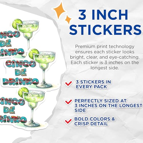 (3 Pack) Cinco De Drinko Decals - Margarita Lover - Fiesta Decor - 3 Inches On Longest Side - Easy Peel & Apply - Made in USA - 3MCS6978
