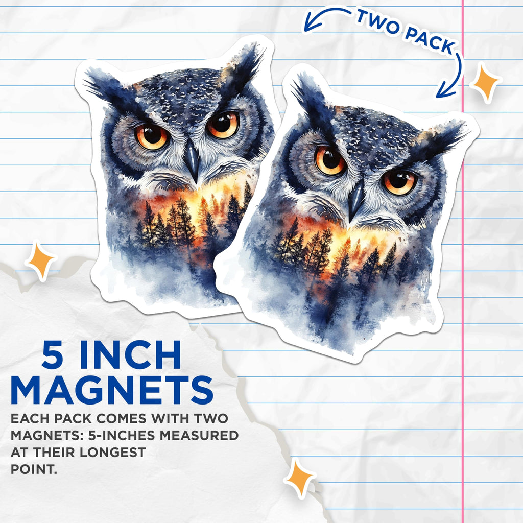 (2 Pack) Owl Face Magnets - Forest Scene Artwork - Home Decor - 5" On Longest Side - Premium Magnet - for Cars, Refrigerators, Toolboxes, Lockers - Made in USA - MAG14267