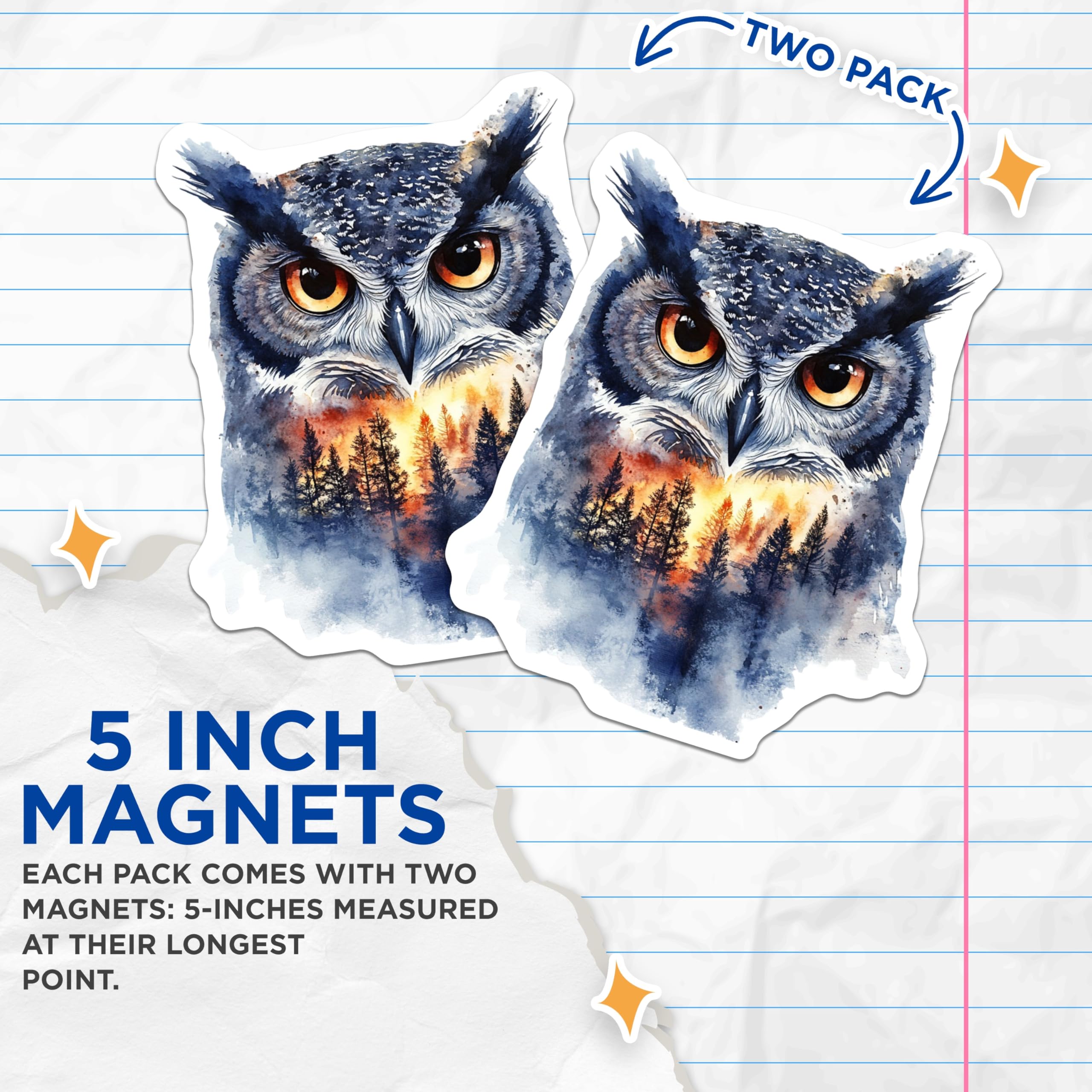 (2 Pack) Owl Face Magnets - Forest Scene Artwork - Home Decor - 5" On Longest Side - Premium Magnet - for Cars, Refrigerators, Toolboxes, Lockers - Made in USA - MAG14267