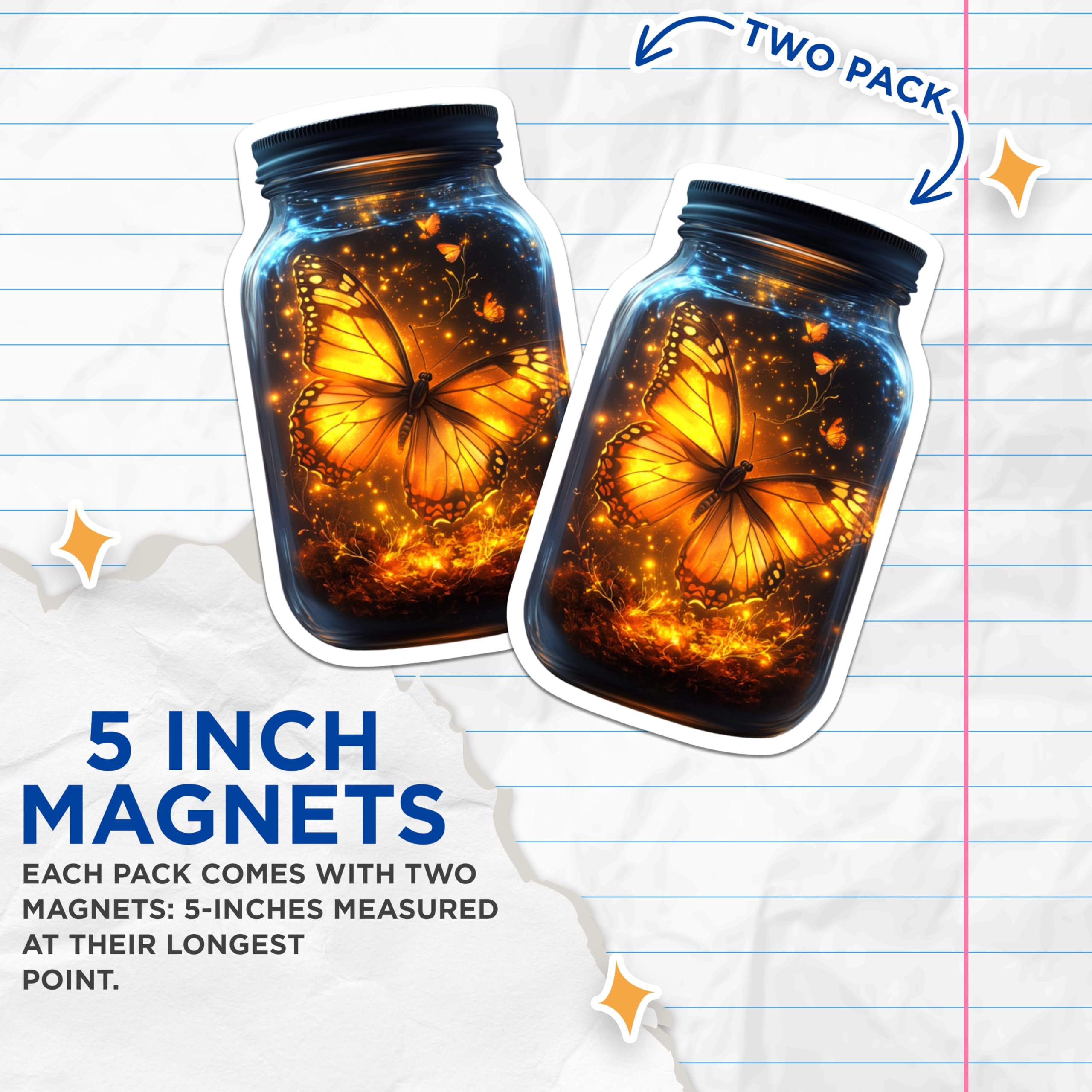(2 Pack) Glowing Butterfly Magnets - Enchanted Mason Jar Art - Mystical Firefly Decor - Whimsical Fridge Accents - 5 Inches On Longest Side - Thick Durable Magnet - Made in USA - MAG24652