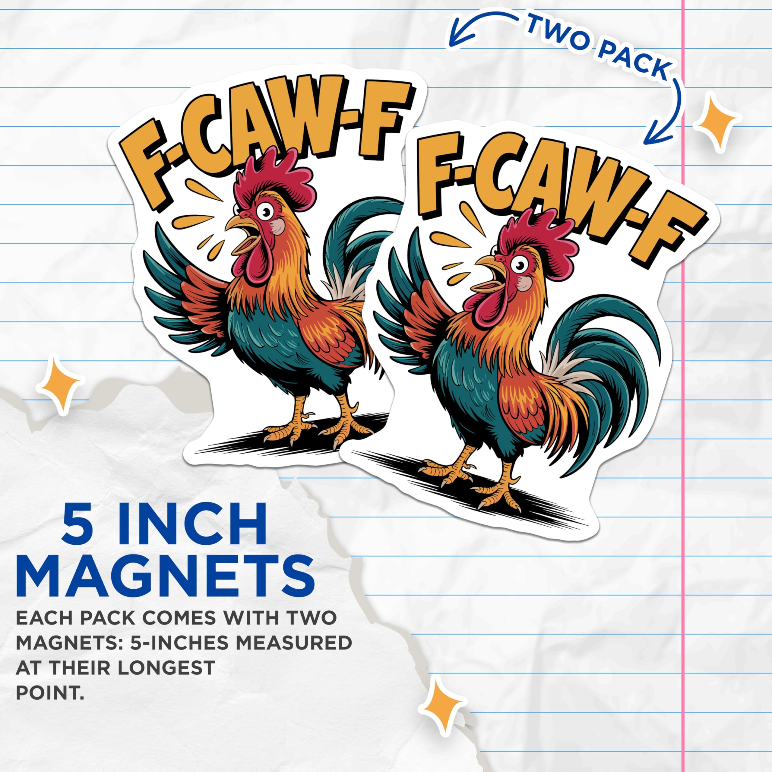 (2 Pack) Rooster Magnets - F CAW F Chicken Decor - Farm Animal Magnets - 5" On Longest Side - Premium Magnet - for Cars, Refrigerators, Toolboxes, Lockers - Made in USA - MAG14583