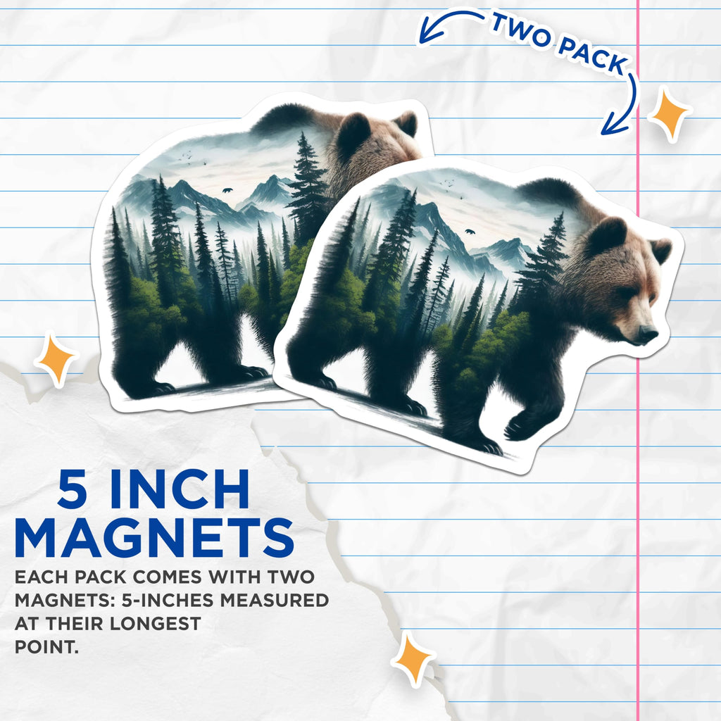 (2 Pack) Bear Magnets - Grizzly Bear Art - Mountain Landscape Fridge Magnets - 5" On Longest Side - Premium Magnet - for Cars, Refrigerators, Toolboxes, Lockers - Made in USA - MAG14156