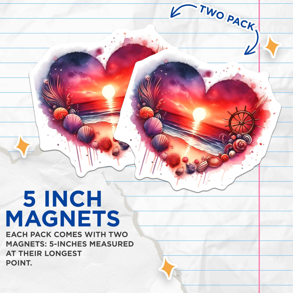 (2 Pack) Beach Scene Heart Magnets - Sunset Nautical Art - Ocean Lover Decor - 5" On Longest Side - Premium Magnet - for Cars, Refrigerators, Toolboxes, Lockers - Made in USA - MAG15841