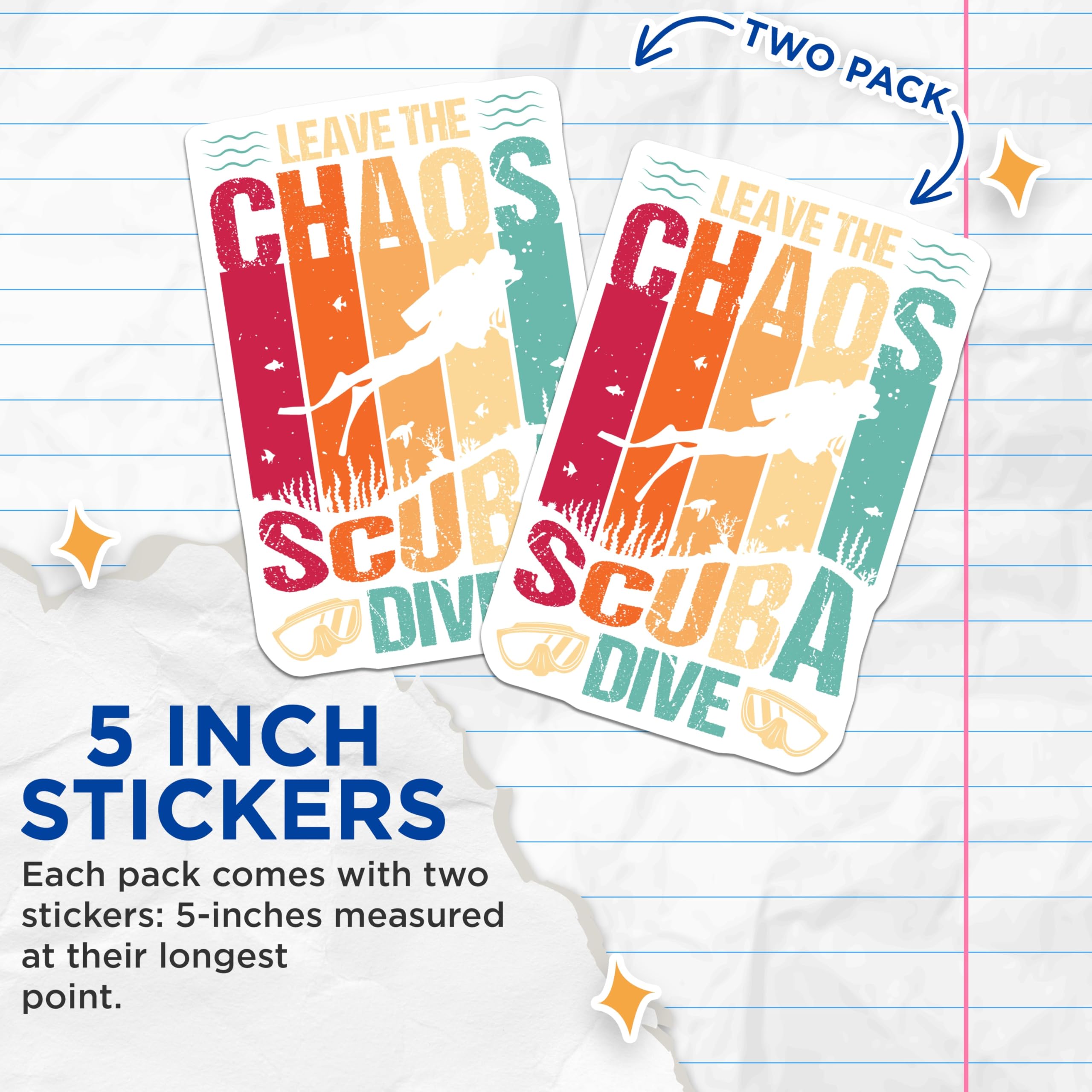 (2 Pack) Scuba Dive Stickers - Leave The Chaos - Diving Adventure - 5" On Longest Side - Sticks to Smooth Flat Surfaces - Made in USA - BMCS18526