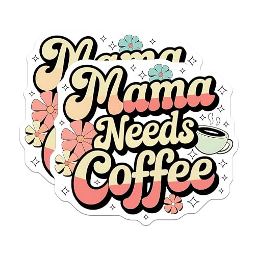(2 Pack) Mama Needs Coffee Stickers - Funny Coffee Quote Stickers - Retro Flower Stickers for Coffee Lovers - 5" On Longest Side - Sticks to Smooth Flat Surfaces - Made in USA - BMCS3911
