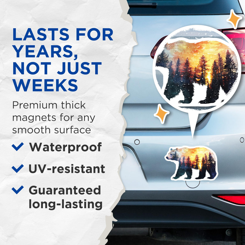 (2 Pack) Bear Silhouette Magnets - Forest Sunset Art - Nature Lover Decor Magnets - 5" On Longest Side - Premium Magnet - for Cars, Refrigerators, Toolboxes, Lockers - Made in USA - MAG16438