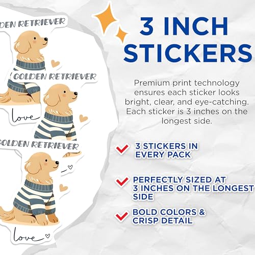 (3 Pack) Golden Retriever Decals - Cute Dog Stickers - Laptop Decals - 3 Inches On Longest Side - Easy Peel & Apply - Made in USA - 3MCS6067
