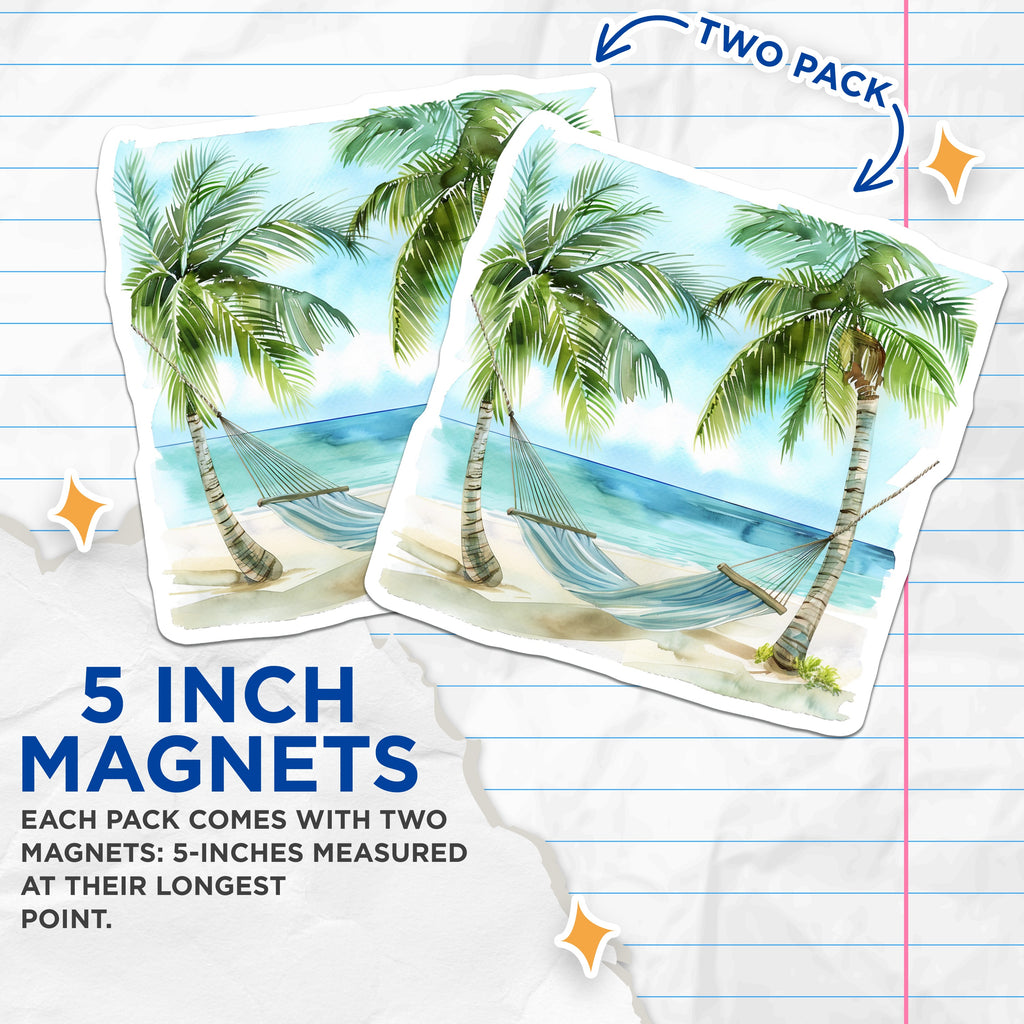 (2 Pack) Tropical Beach Hammock Magnets - Watercolor Palm Tree Scene - Coastal Ocean Decor - Summer Relax Vibe - 5 Inches On Longest Side - Thick Durable Magnet - Made in USA - MAG39081