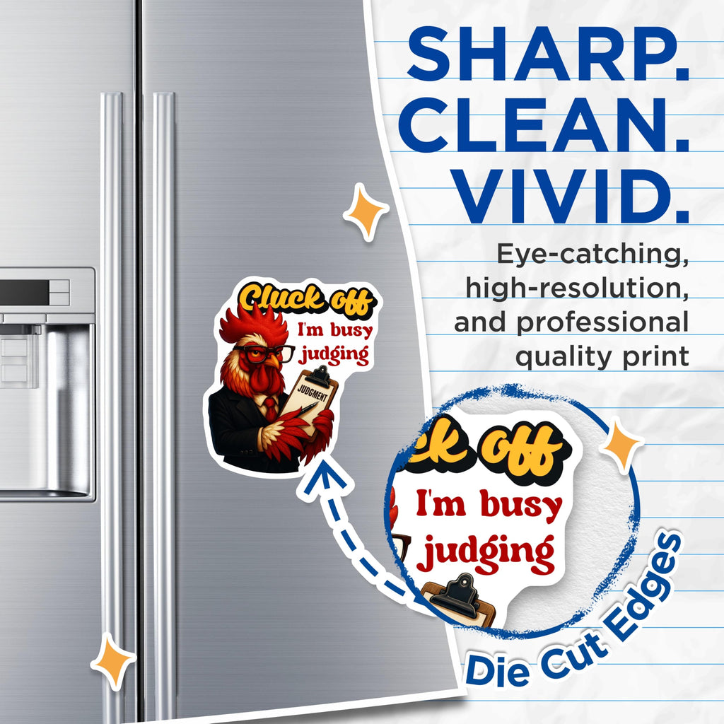 (2 Pack) Cluck Off Rooster Magnets - Busy Judging Chicken Decor - Sarcastic Farm Animal Fridge Office Locker Magnet Artwork - 5 Inches On Longest Side - Thick Durable Magnet - Made in USA - MAG23205