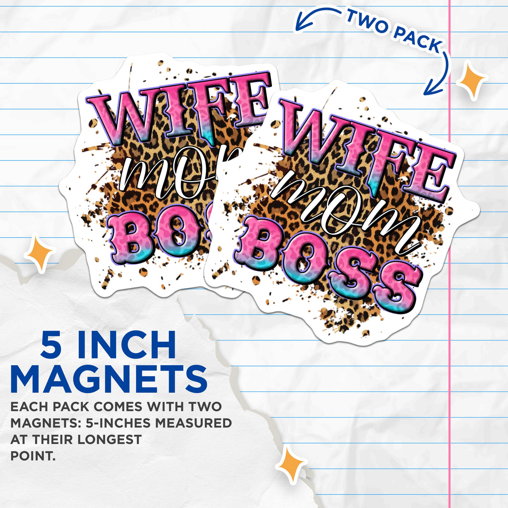 (2 Pack) Wife Mom Boss Magnets - Empowered Woman Decor - Motherhood Life Fridge Accessory - 5 Inches On Longest Side - Thick Durable Magnet - Made in USA - MAG38141