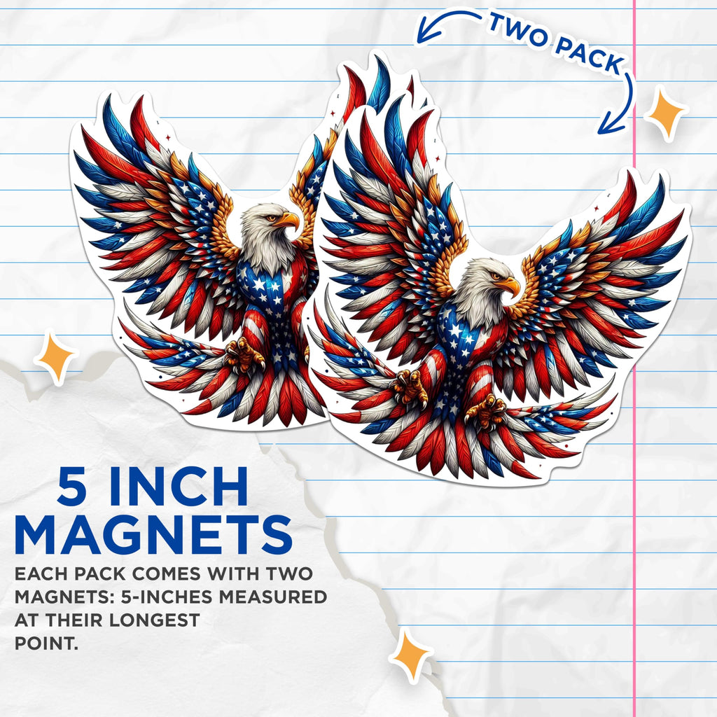 (2 Pack) Patriotic USA Flag Bald Eagle Screaming Eagle Magnets - USA Flag - 5 Inches On Longest Side - Premium Magnet - for Cars, Refrigerators, Toolboxes - Made in USA - MAG2110