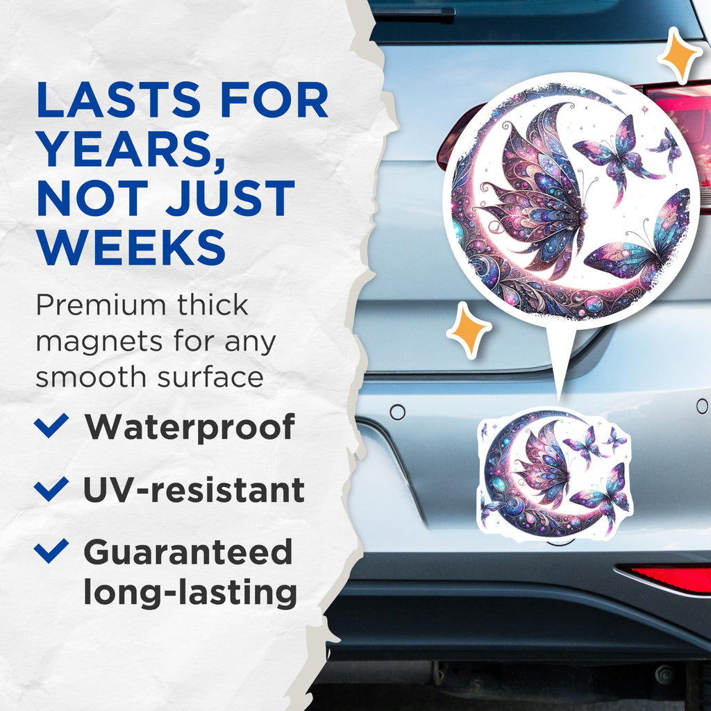 (2 Pack) Galaxy Butterfly Magnets - Celestial Moon Art - Cosmic Home Decor - 5" On Longest Side - Premium Magnet - for Cars, Refrigerators, Toolboxes, Lockers - Made in USA - MAG15617