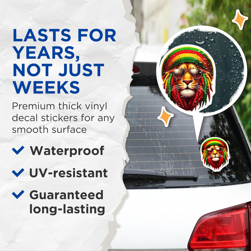 (2 Pack) Rasta Lion Stickers - Cool Lion Head - Reggae Lion Art Stickers - 5" On Longest Side - Sticks to Smooth Flat Surfaces - Made in USA - BMCS4385