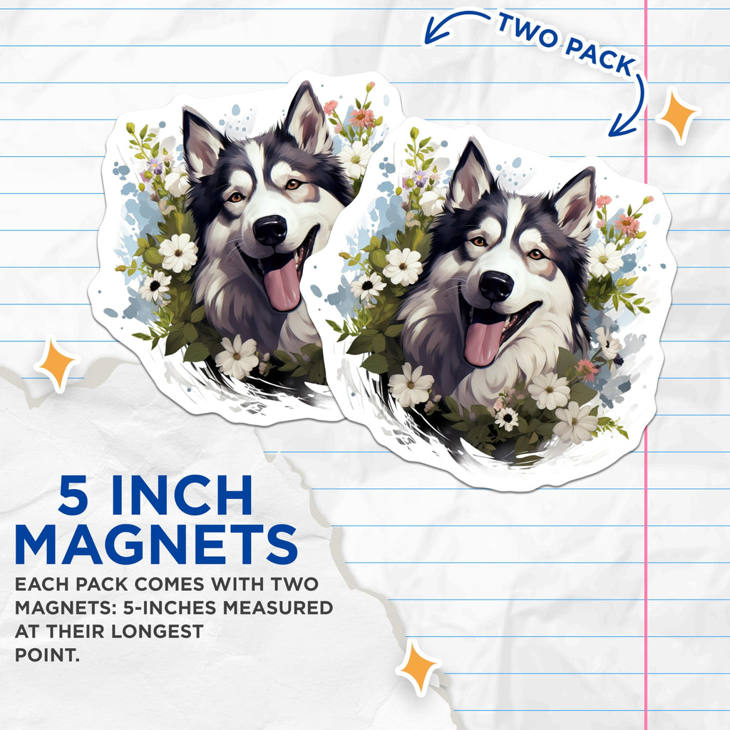 (2 Pack) Happy Husky Dog Magnets - Floral Siberian Husky Magnets - Pet Lover Decor for Refrigerator Locker - 5 Inches On Longest Side - Thick Durable Magnet - Made in USA - MAG28915
