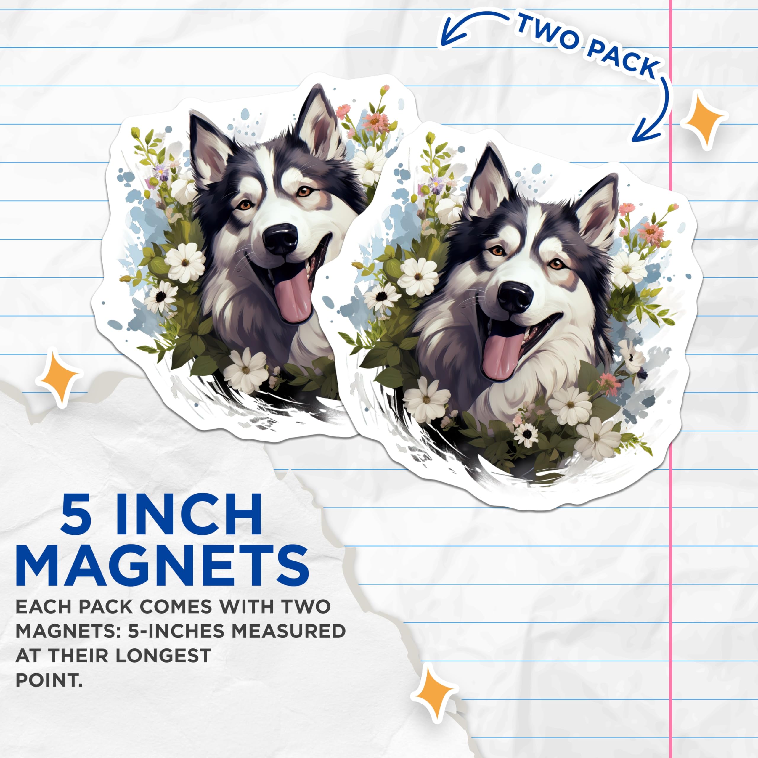 (2 Pack) Happy Husky Dog Magnets - Floral Siberian Husky Magnets - Pet Lover Decor for Refrigerator Locker - 5 Inches On Longest Side - Thick Durable Magnet - Made in USA - MAG28915