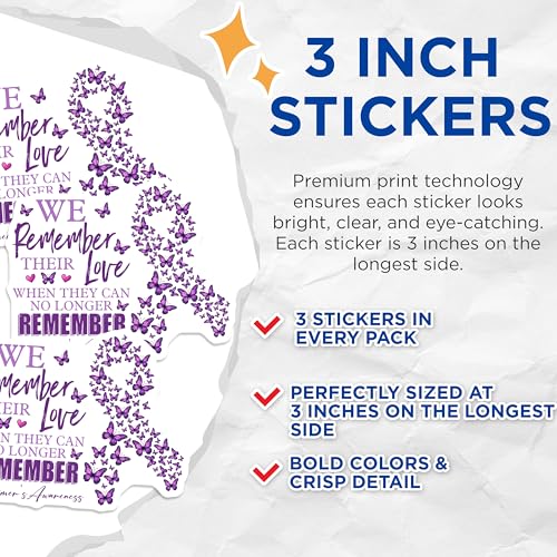(3 Pack) Alzheimer's Awareness Decals - Purple Butterfly Decal - Remember Their Love Decals - 3 Inches On Longest Side - Easy Peel & Apply - Made in USA - 3MCS8552