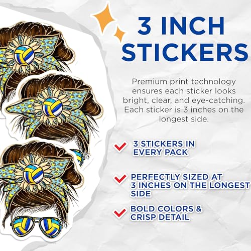 (3 Pack) Messy Bun Volleyball Decals - Sport Mom Decal - Laptop Decal - 3 Inches On Longest Side - Easy Peel & Apply - Made in USA - 3MCS4967