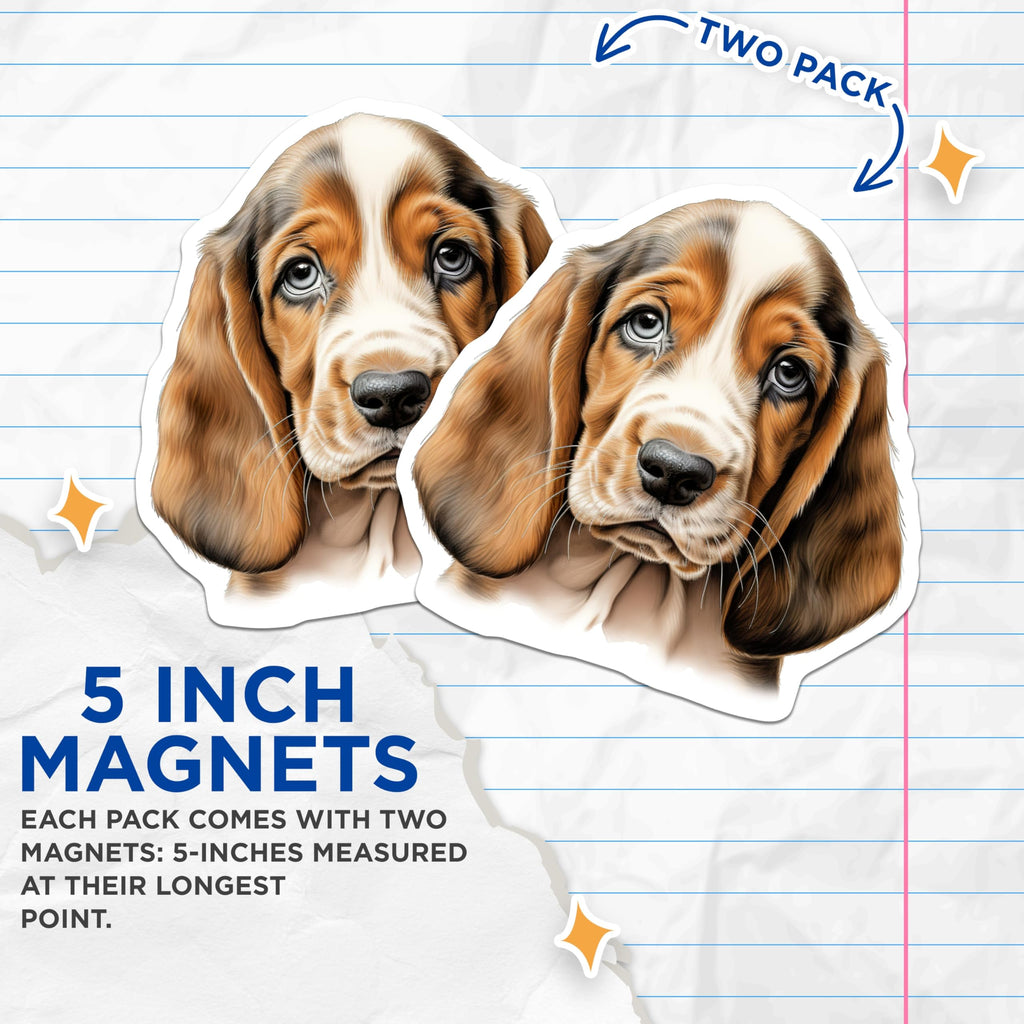 (2 Pack) Basset Hound Puppy Magnets - Cute Dog Lover Accessories - Pet Enthusiast Refrigerator Locker Office Home Decorations - 5 Inches On Longest Side - Thick Durable Magnet - Made in USA - MAG23320