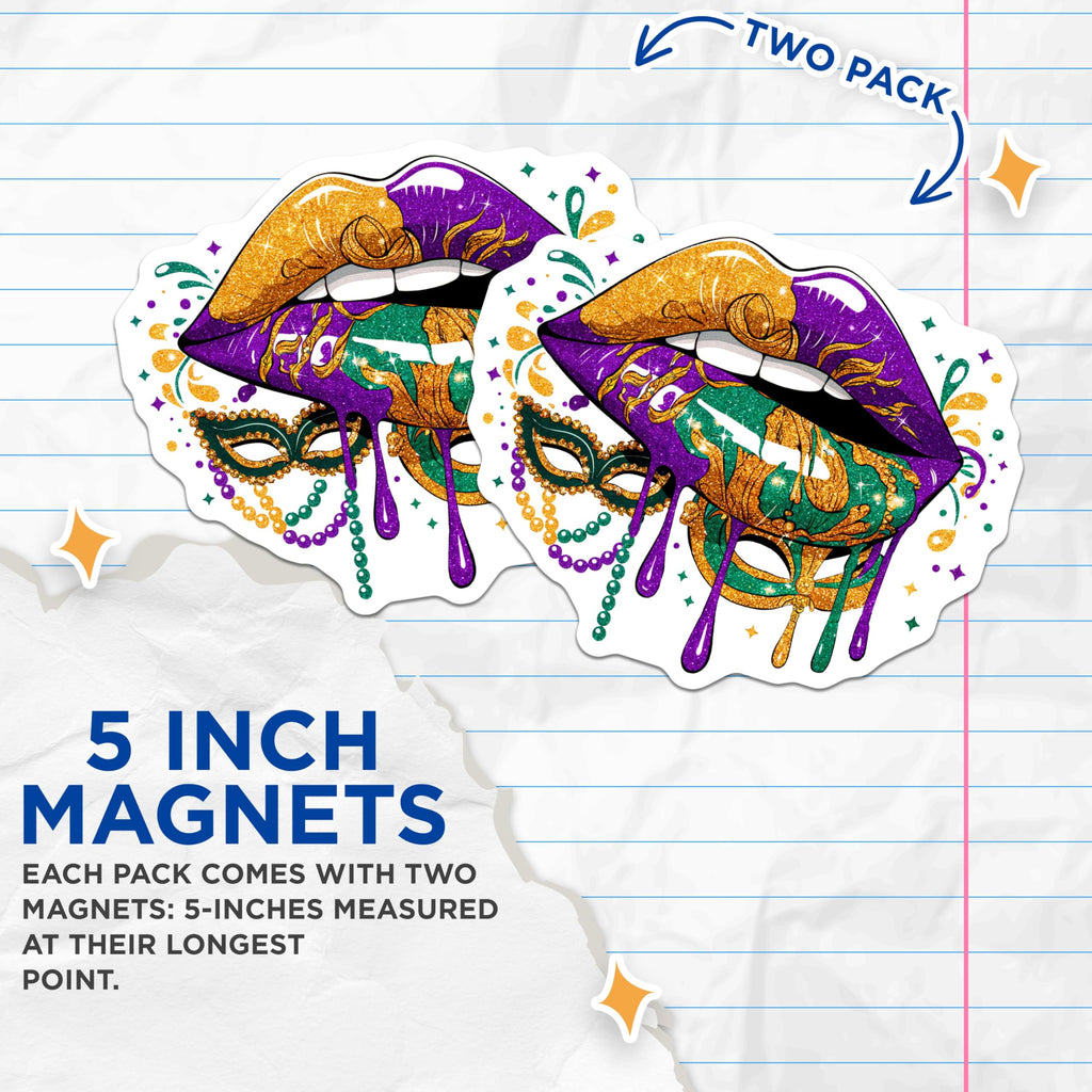 (2 Pack) Mardi Gras Lips Magnets - Carnival Mask - New Orleans Decor - 5" On Longest Side - Premium Magnet - for Cars, Refrigerators, Toolboxes, Lockers - Made in USA - MAG17059