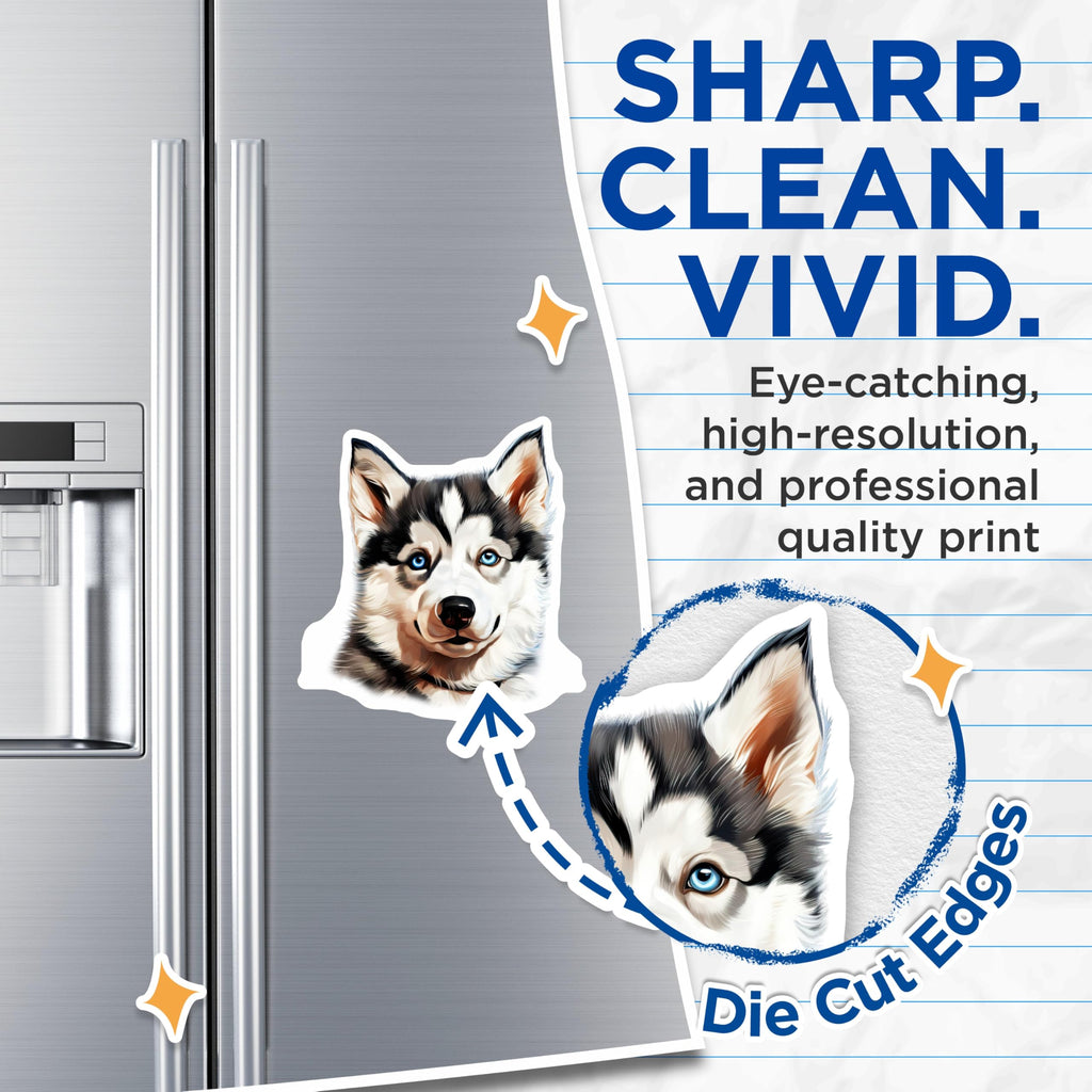 (2 Pack) Siberian Husky Dog Magnets - Blue Eyed Canine Art - Pet Lover Fridge Decor - 5 Inches On Longest Side - Thick Durable Magnet - Made in USA - MAG25030