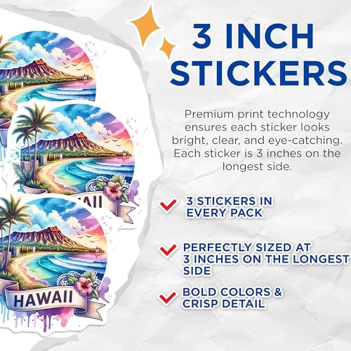 (3 Pack) Hawaii Decals - Laptop Decals - Tropical Island Stickers- 3 Inches On Longest Side - Easy Peel & Apply - Made in USA - 3MCS5676