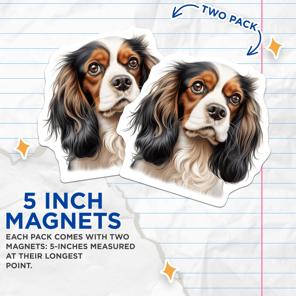 (2 Pack) Cavalier King Charles Spaniel Magnets - Tri Color Dog Art - Dog Mom Fridge Decor - 5 Inches On Longest Side - Thick Durable Magnet - Made in USA - MAG28197